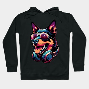 Working Kelpie Smiling DJ in Vibrant Japanese Art Style Hoodie